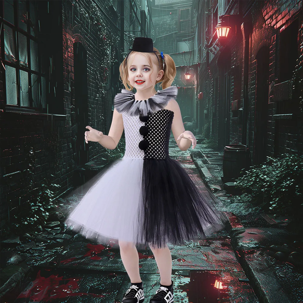 Halloween Carnival Clown Costume Cute White Black Tutu Dress for Girl Birthday Party Dress Holiday Gift Clothes Accessories Set