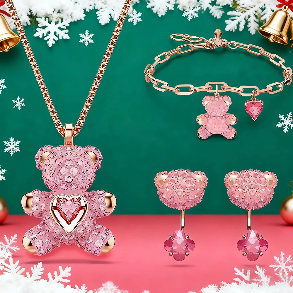 

Роскошные простые женские украшения, костюм розового медведя, ожерелье, браслет, серьги, модный милый рождественский подарок для вечеринки