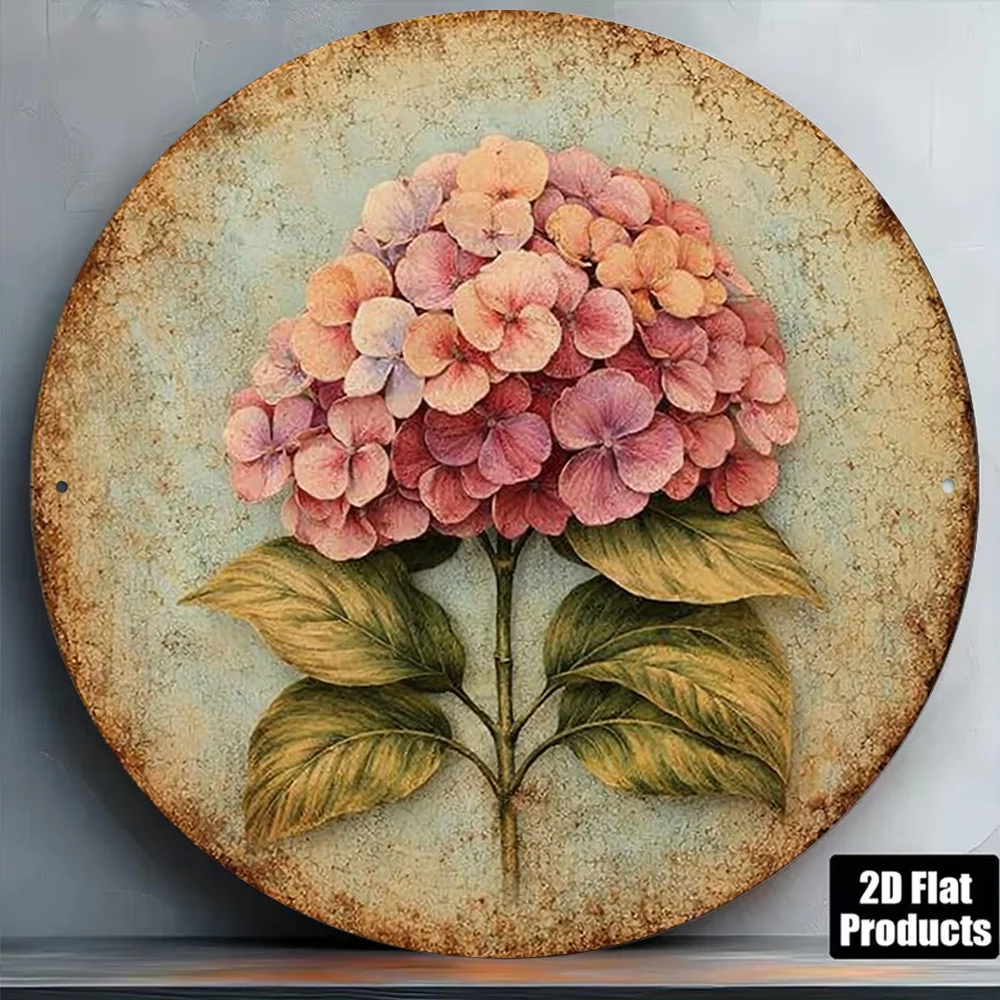 2D Flat, 1pc 8x8in/20x20cm 2D Flat Round Aluminum Sign, Hydrangea Vintage Aluminum Plaque, Vintage Floral Decorative Sign, Suita