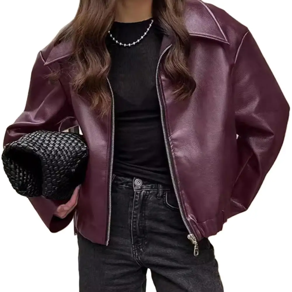 Otoño mujer Casual chaqueta de motocicleta suelta cuello vuelto manga larga PU cuero cremallera Bomber abrigos FYY-500