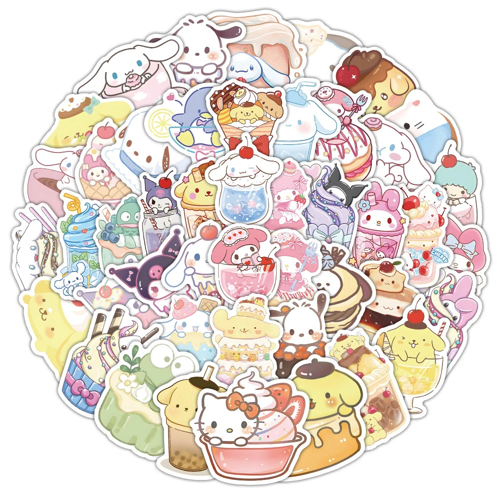 53pcs Cute Funny Food Sanrio Cartoon Stickers Aesthetic Hello Kitty Kuromi My Melody Anime Decals Kawaii Kids Sticker Toys