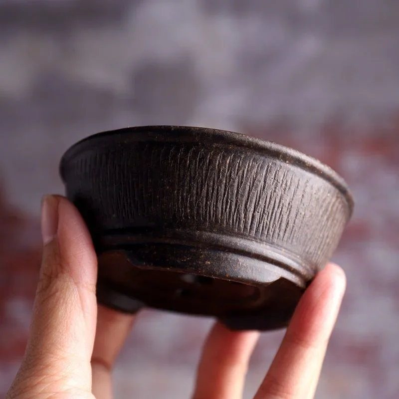 yesCeramic Circle Bowl Bonsai Pot Hand Carved Vertical Stripes Pattern Chinese  Garden Home Table Decoration