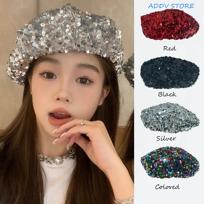 INS Niche Design Sparkling Sequin Beret Hat Female Big-headed Cloud Hat Autumn and Winter Nightclub Costume Hats