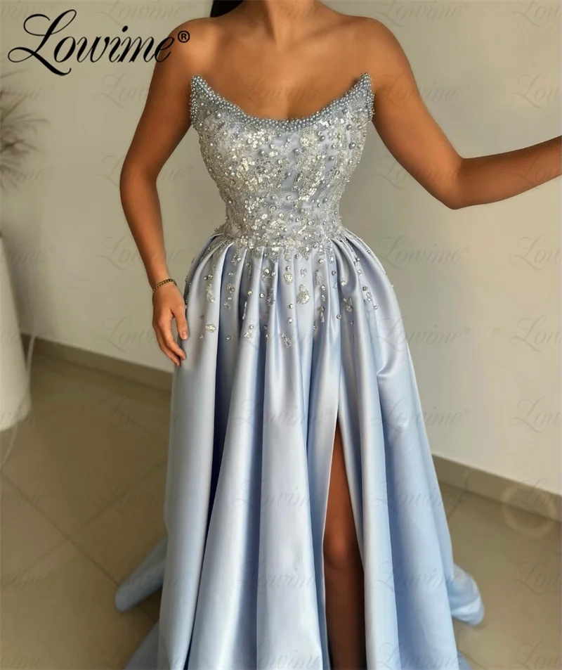 Lowime 2024 Sky Blue Satin Puffy Prom Dresses Strapless Long Party Dress Birthday Engagement Gowns Robe Split Side Evening Dress