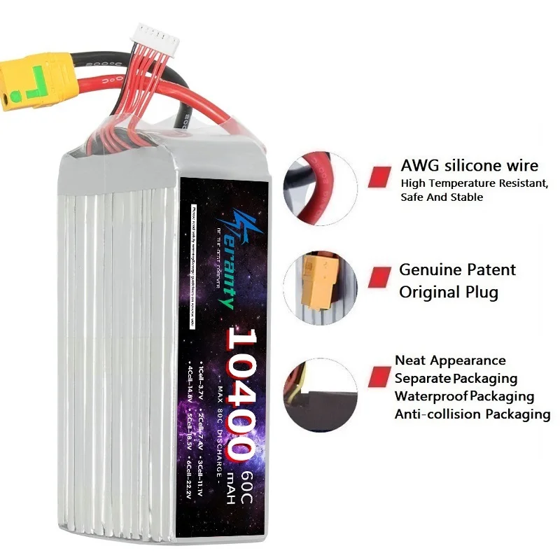 TERANTY يبو بطارية 10400mAh 22.2V 6S RC بطارية عالية السعة حماية النباتات الزراعية الطائرات بدون طيار لطائرة هليكوبتر FPV