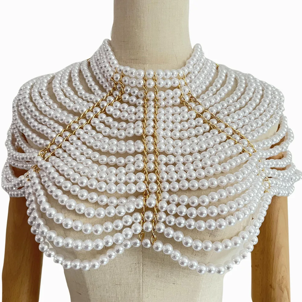 Stonefans Festival Top Pearl Shoulder Bra Necklace Dress Accessories 2023 Imitation Bead Rave Bikini Body Chain Lingerie Jewelry