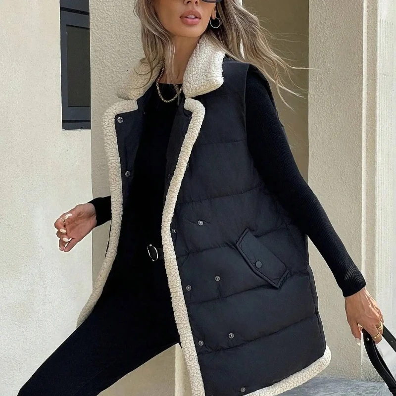 Lamb Wool Lapel Down Cotton Winter Vest with Double Breasted Loose Fitting Vest and Camisole Jacket Geaca Lady Women Winter