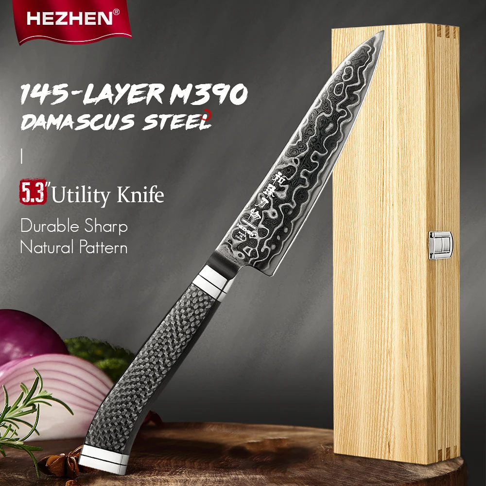 HEZHEN 5.3-inch Utility Knife M390 Steel Core 60±2 HRC 145-Layer Damascus Steel DLC Blade Carbon Fiber Handle