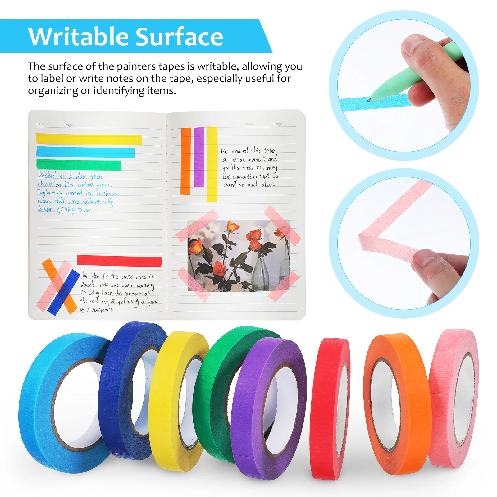 

8pcs 8 Rolls Colored Masking Tape 10mmx13m Vibrant Colors Craft Decor Writable Easy Removal Tape for Labeling