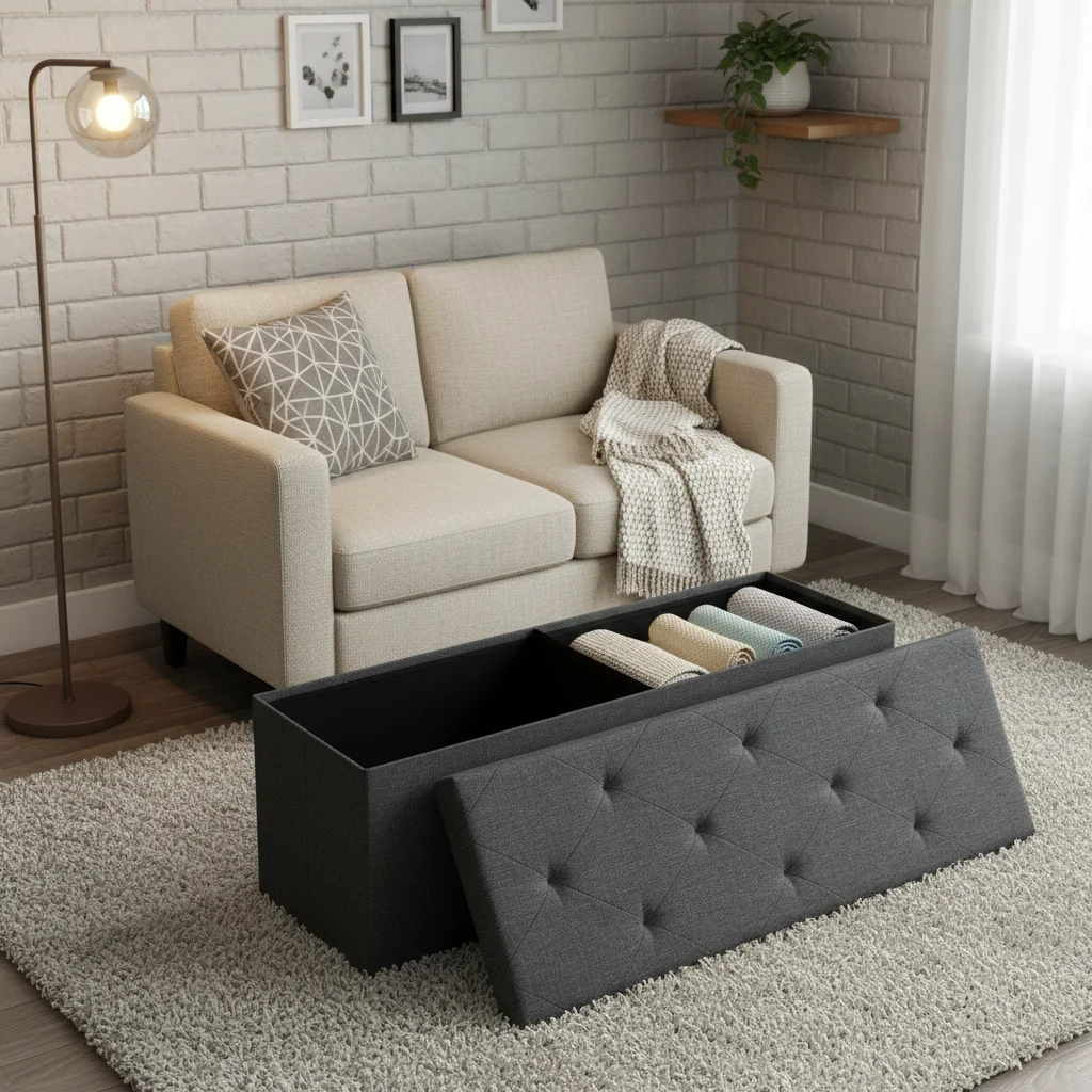 مقعد عثماني للتخزين قابل للطي مع مقعد مبطن، مقعد مسند للقدمين مقاس 43 بوصة لغرفة النوم أو غرفة المعيشة، يدعم 660 رطلًا #2