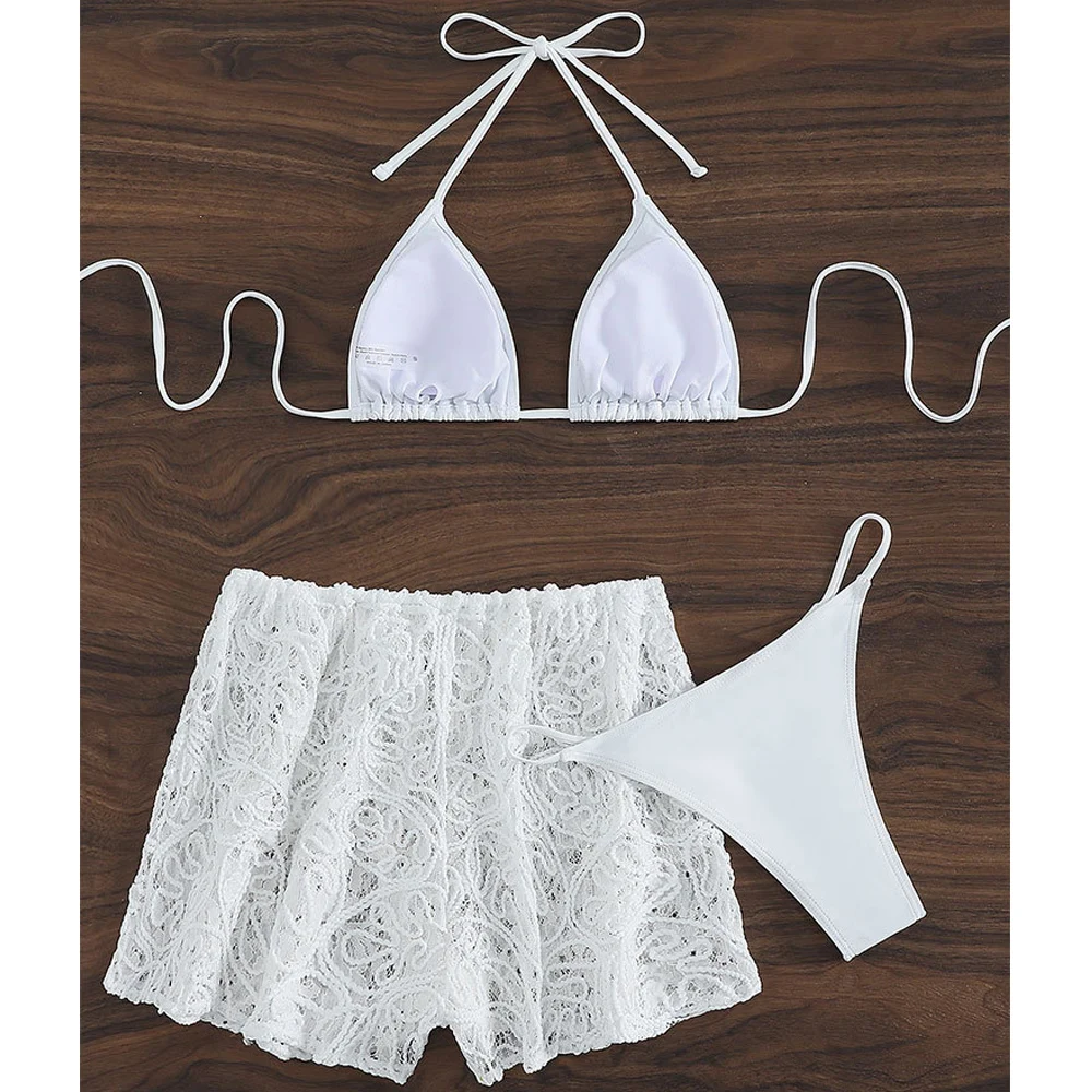 VigoCasey Sexy White Tied Halter 3PCS Lace Shorts Bikini Set Swimwear Women 2025 High Cut Thong Swimsuit Backless Bathing Suit