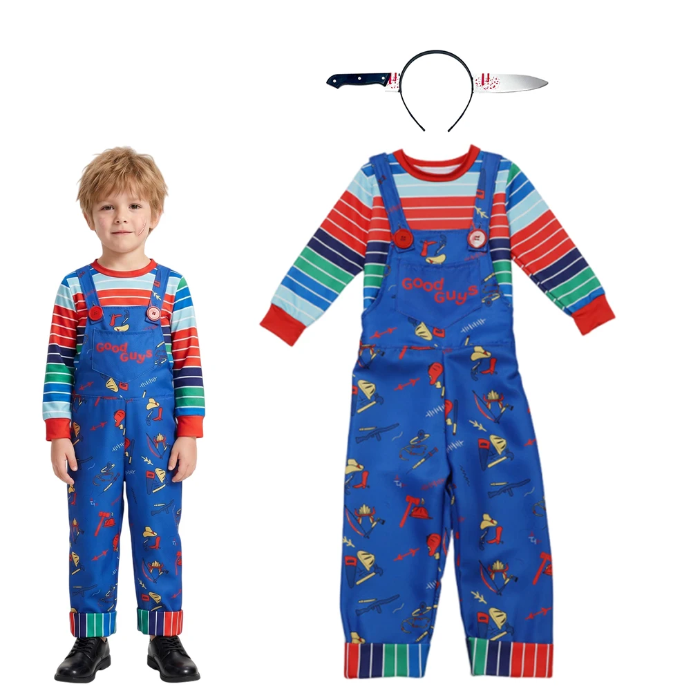 Kids Chucky Costume Halloween Child Play Cosplay Dress with Wig Knife Headband Blood Necklace Axe Prop Girls Fancy Party Outfit view 5