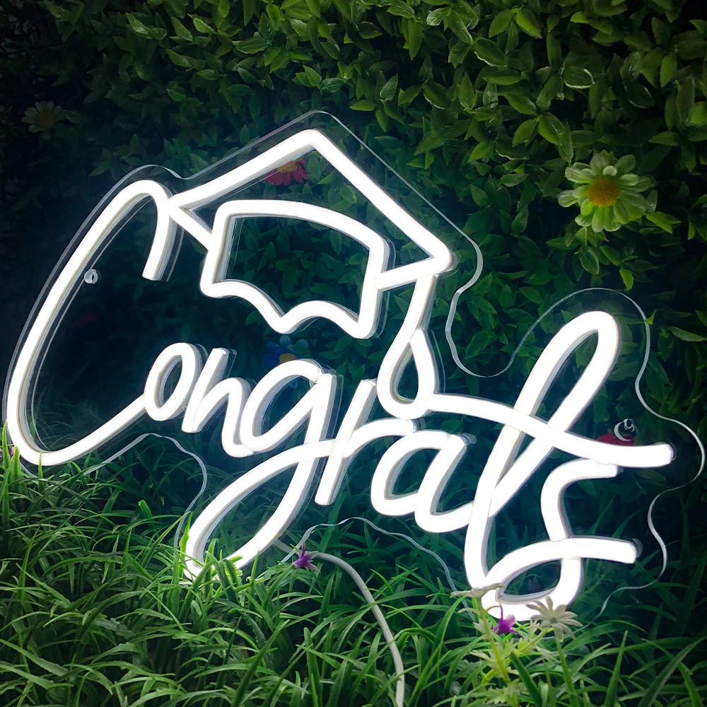 Congrats Neon Sigh White LED Lights Aesthetic School Room Graduation Decorations 2024 Art Wall Lamp For Party Festa Letter Decor