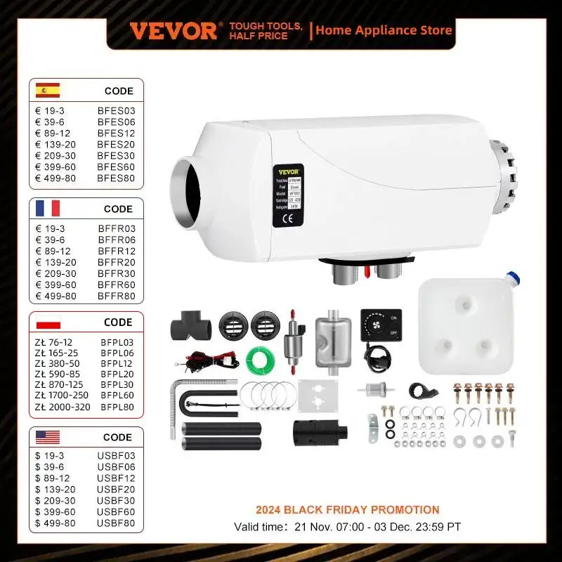 VEVOR-سخان هواء ديزل ، كاتم للصوت لـ RV ، سيارة ، حافلة ، وقوف السيارات ، 2 قناة ، تنفيس مزدوج ، مفتاح مقبض الباب ، 5KW ، 12 فولت