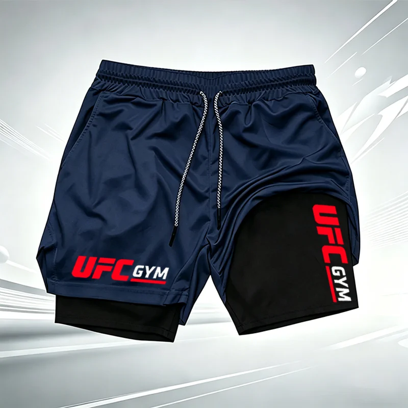 Shorts de compression 2 en 1 imprimés UFC GYM pour hommes, shorts de course respirants à séchage rapide pour l'entraînement physique