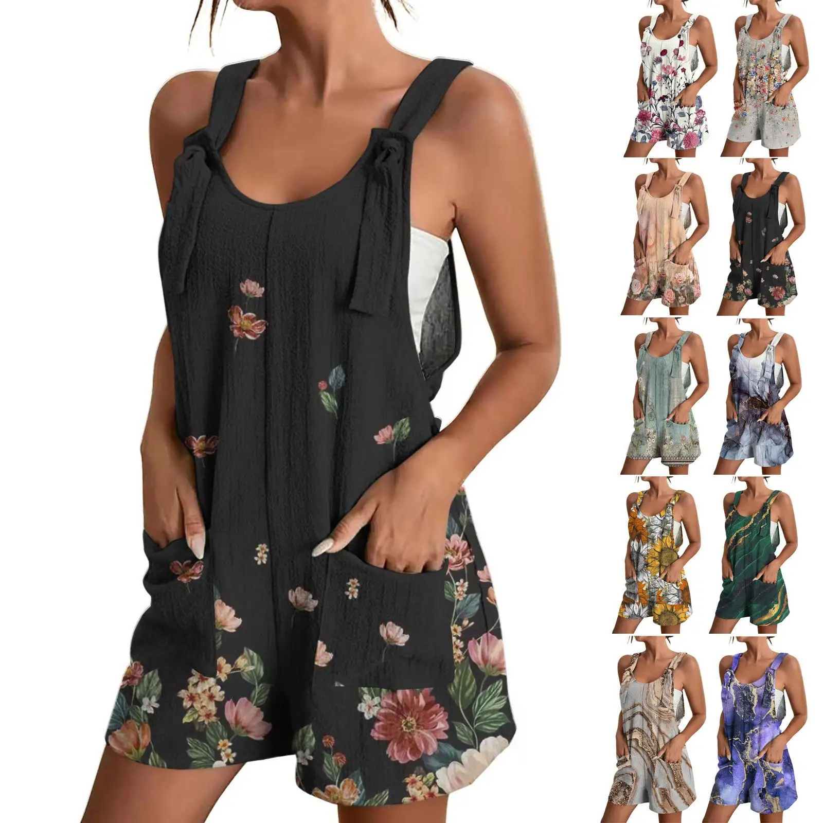 

Floral Print Collar Strap ket Jumpsuit Women's Long Pants Polyester Fiber mid Waist Design No Brand Registered Trademark