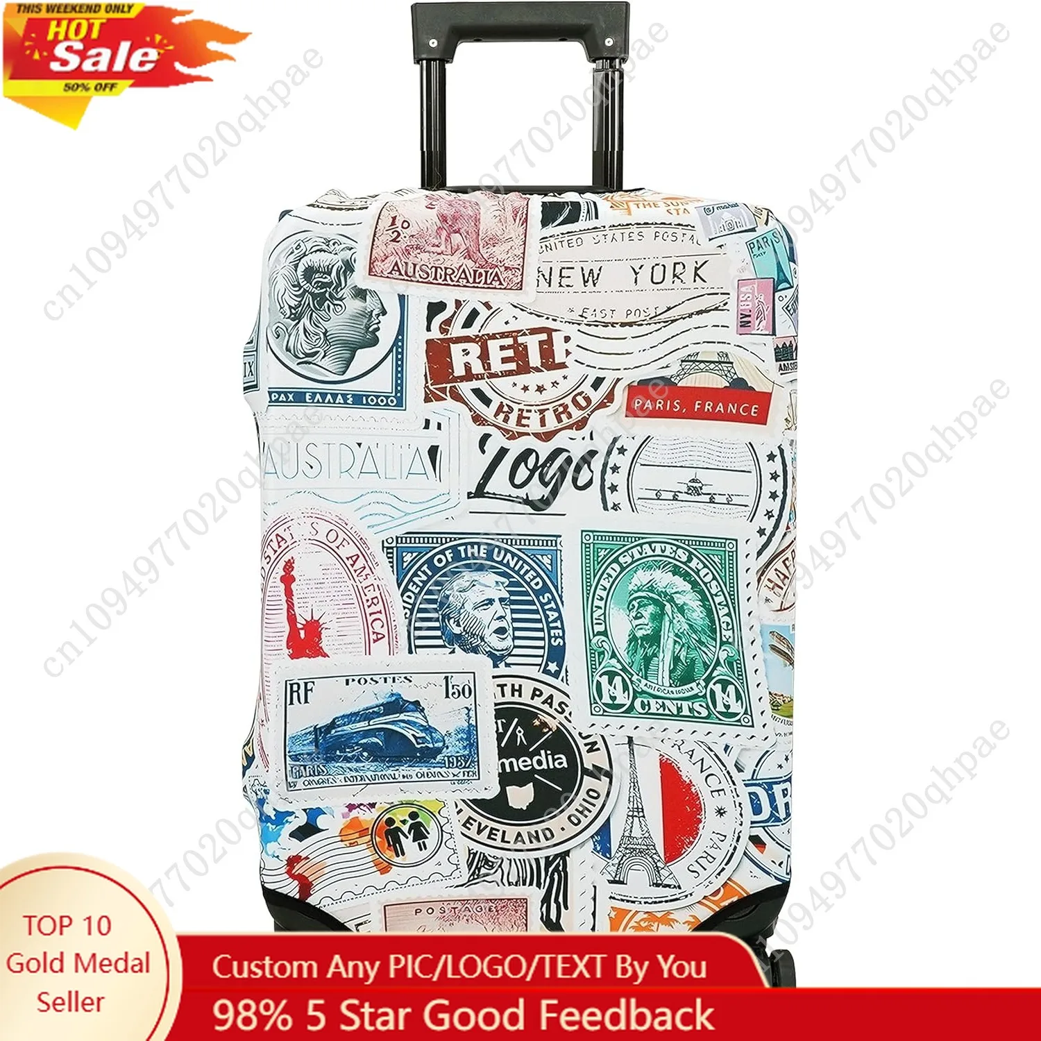 

Luggage Approved Travel Suitcase Protector Funny Postmarks Elastic Washable Baggages for 21-24 inch Luggage (M)