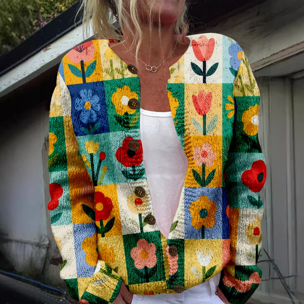 

Осень-зима вязаный клетчатый кардиган с цветочным принтом, повседневный свитер, уличная одежда, женские свитера, вязаный топ, крутые джемперы, модные