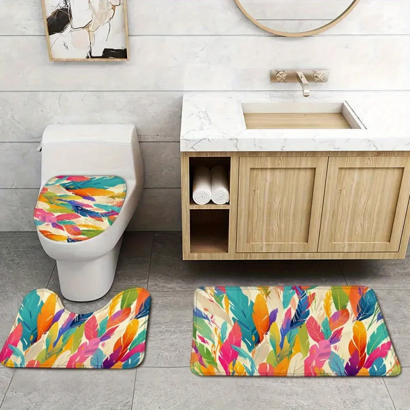 3-Piece Colorful Feather Pattern Bathroom Set – Includes Non-Slip Bath Mat, Toilet Lid Cover & U-Shaped Contour Rug – Knit F