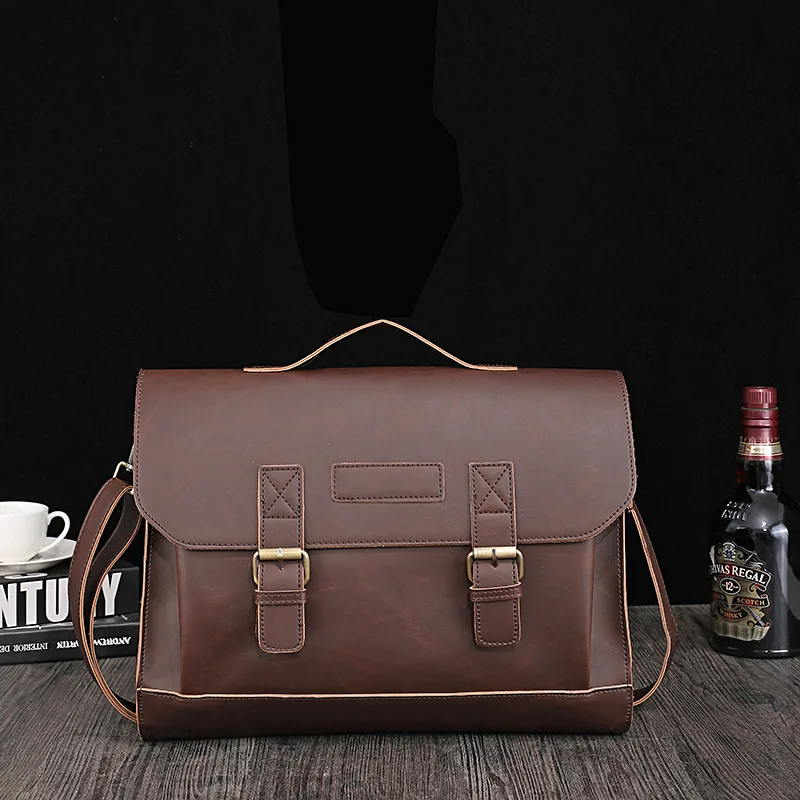 

Coffee and black retro men's business simple fashion multi-shoulder oblique span PU leather multi-function notebook briefcase