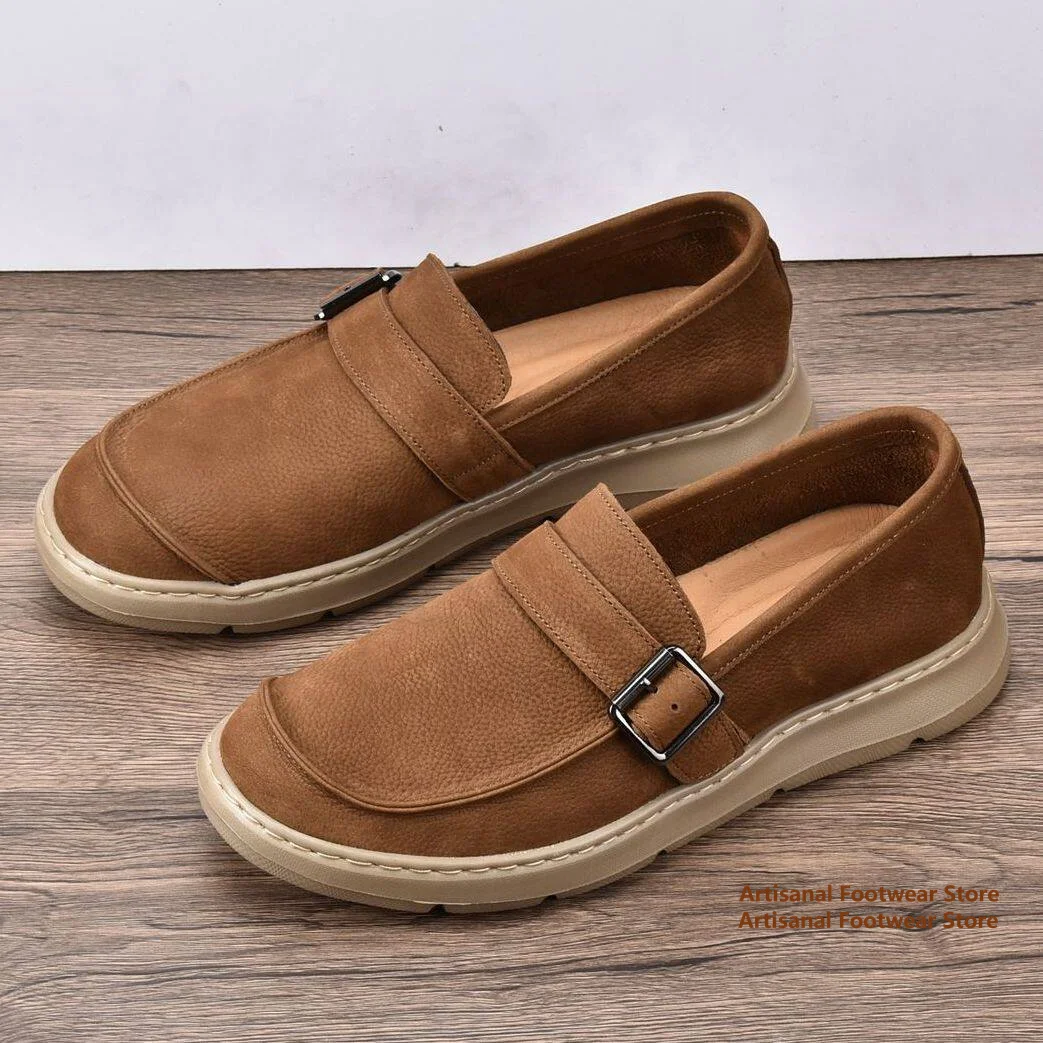 

Men's Brown Leather Buckle Strap Slip-On Loafers Round Toe Leather Shoes Breathable Business Shoes Trendy Handmade Men's Shoes