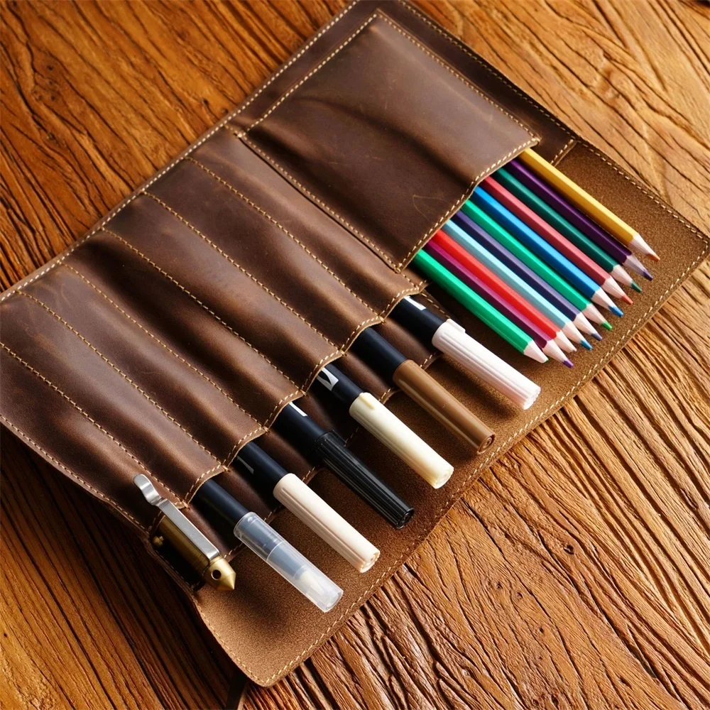 retro multifuncional couro lapis case roll up pen bolsa pen storage bolsa art stuff organizer wrap dobravel tool pouch box 01