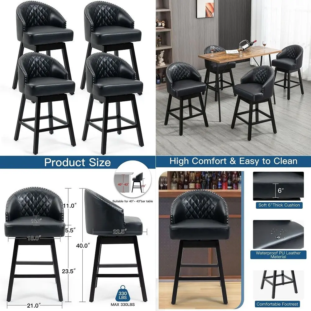 

Swivel Barstools Set of 4, 29 Seat Height Bar Stools with Back amp Rubber Wood Legs, PU Leather Counter Stools for Kitchen Isla