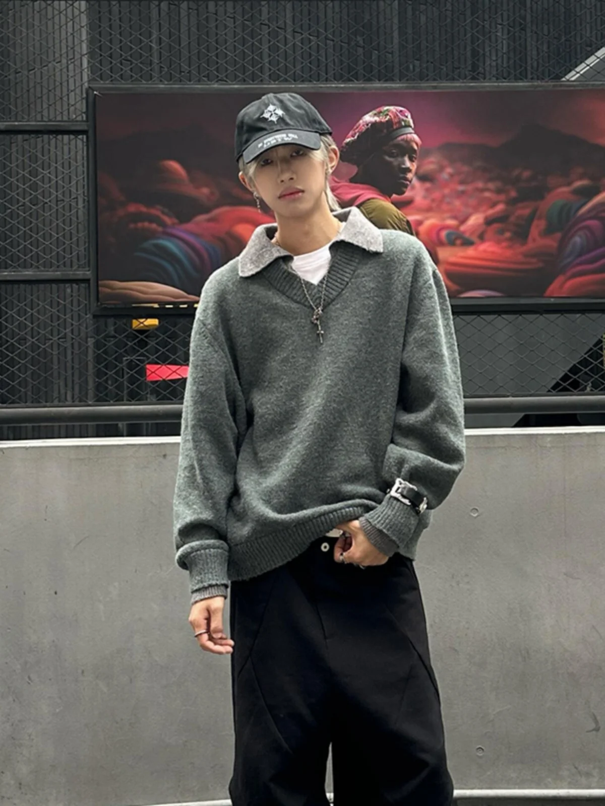 

American Retro Men's V-ne Knitwear Base Layer irt Old Money Sle Winter Casual Loose Fit Long Sve Turtlene Sweater