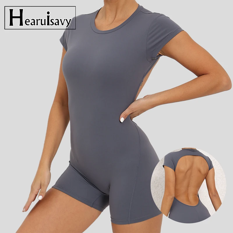 Hearuisavy Backless Gym Bodysuits Workout Rompers Women Soft Yoga Clothing One-piece Suit Women Fitness Sports Jumpsuit Female