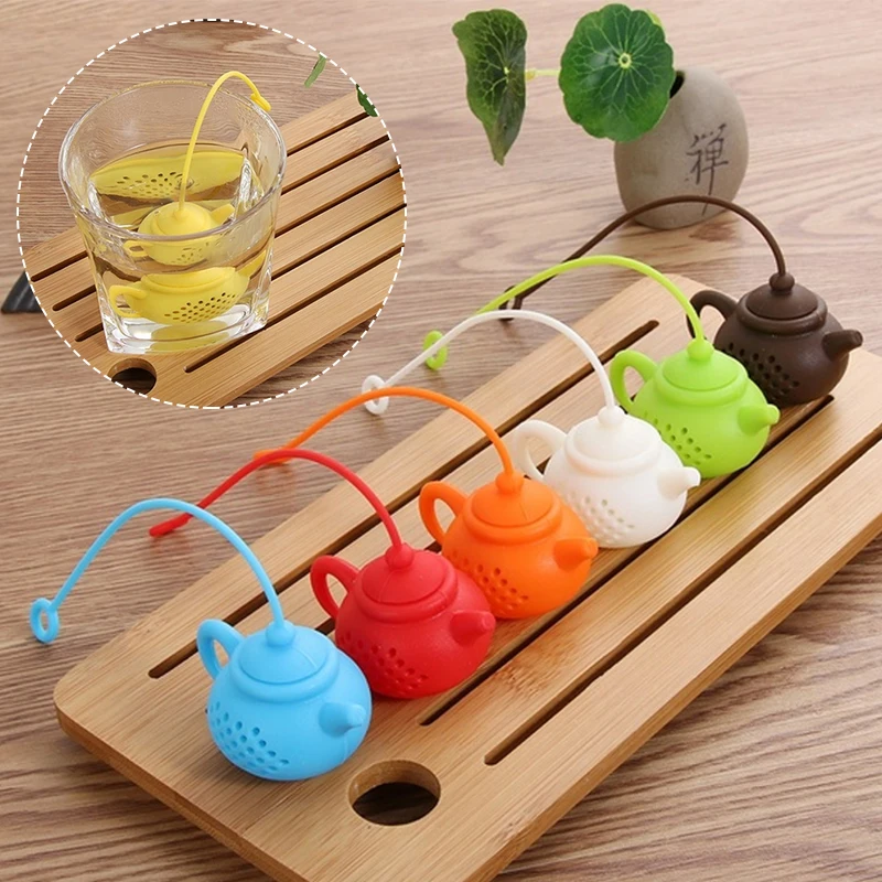 Teapot-shaped Silicone Tea Infusers Reusable Colorful Tea Strainer Filter Diffuser with Long Handle Gadgets Kitchen Accessories