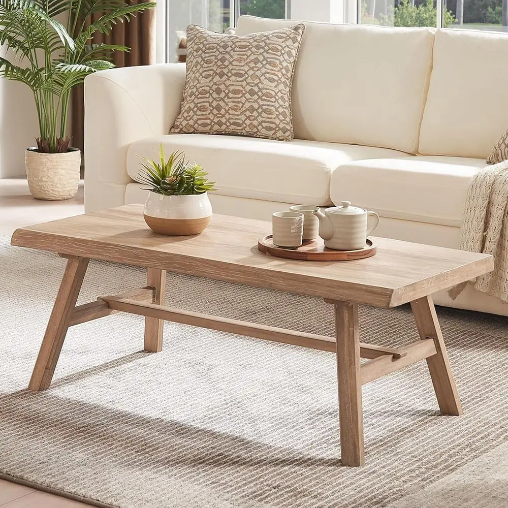 Solid Wood Coffee Table, 43 Rustic Rectangular Accent Low Center Table, Home, Office, Living Room, Natural