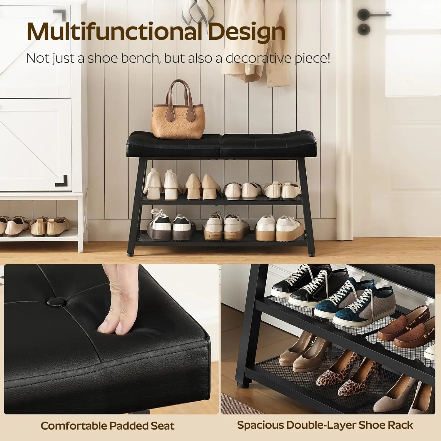 3-Tier Shoe Bench with Cushion Seat for Entryway Hallway Bedroom, Storage Rack for Shoes and Boots, Black view 6