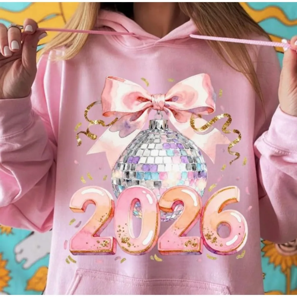 سنة جديدة سعيدة 2026 هوديي الوردي Coquette السنة الجديدة البلوز القوس السنة الجديدة ديسكو الكرة البلوز الشارع موضة الشارع الشهير