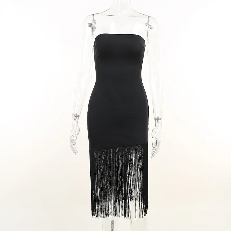 Robe de Soirée Élégante à Franges pour Femme, Tenue Mi-longue, Sans Bretelles, Sexy, Noir, Blanc, Été, 2024, YXQ11