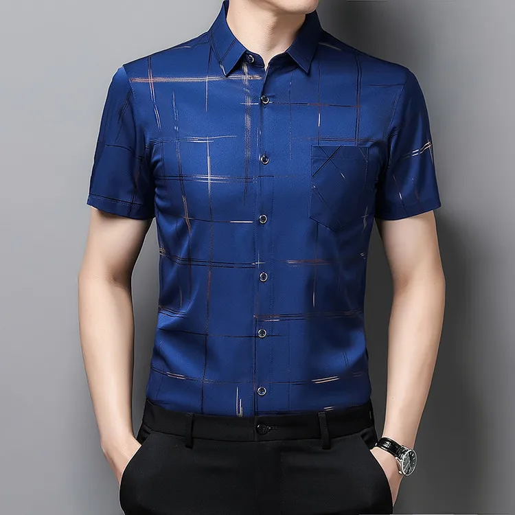 

Men's Ice Silk Short Sleeve Shirt Printed Stripes Business Casual Lightweight Summer Fashion Middle-Aged And Elderly Men
