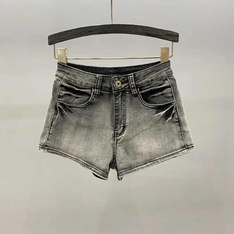 [zoci] High Waisted Denim Shorts 2024 Summer Outfit, New Pleated Design, Straight Tube Elastic Tight Fitting A-line Wide