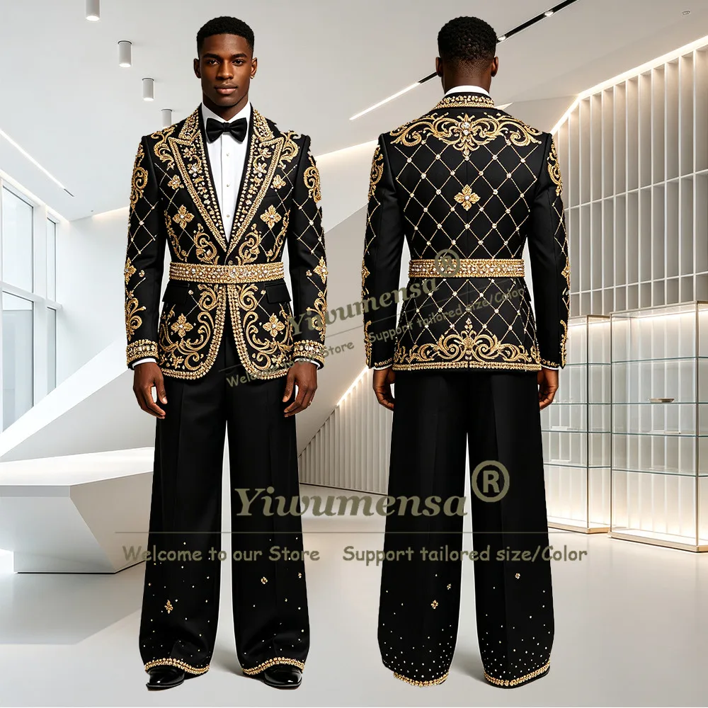 Exclusive Heavy Beading Crystals Suits Men Slm Fit Single Breasted Prom Blazer With Belt Customized Groom Wear Wedding Tuxedo