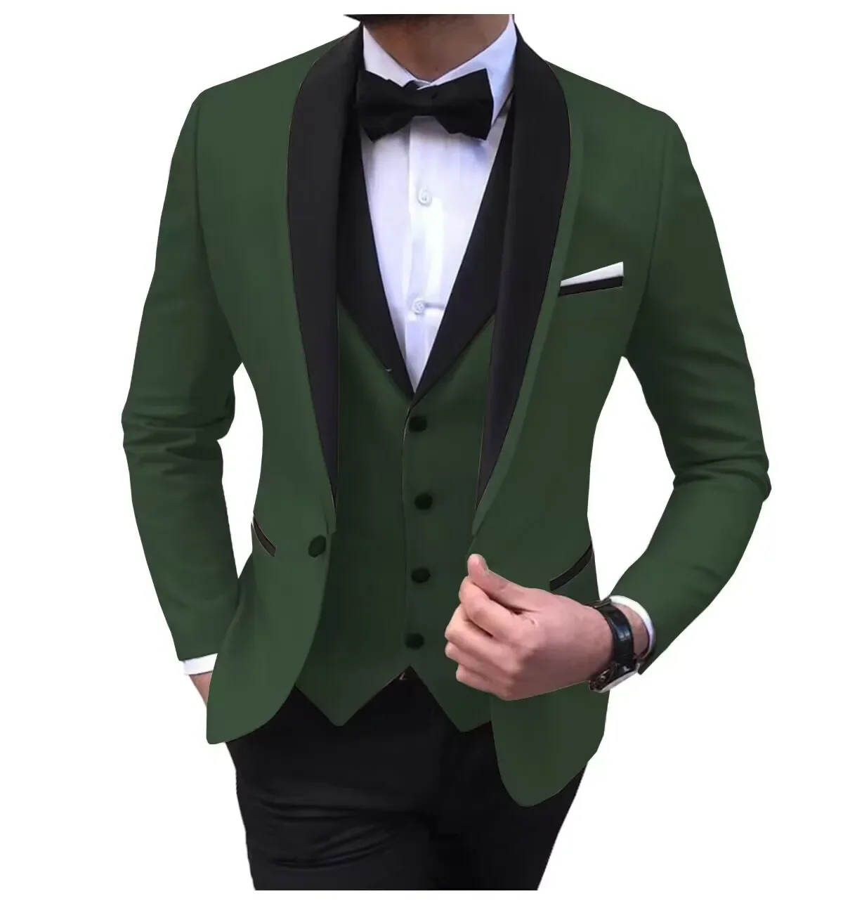 Solid Men\'s 3 Pieces Wedding Suit One Button Shawl Lapel Jacket Vest Pants Dinner Groom Tuxedos Slim Fit Formal Business Suits