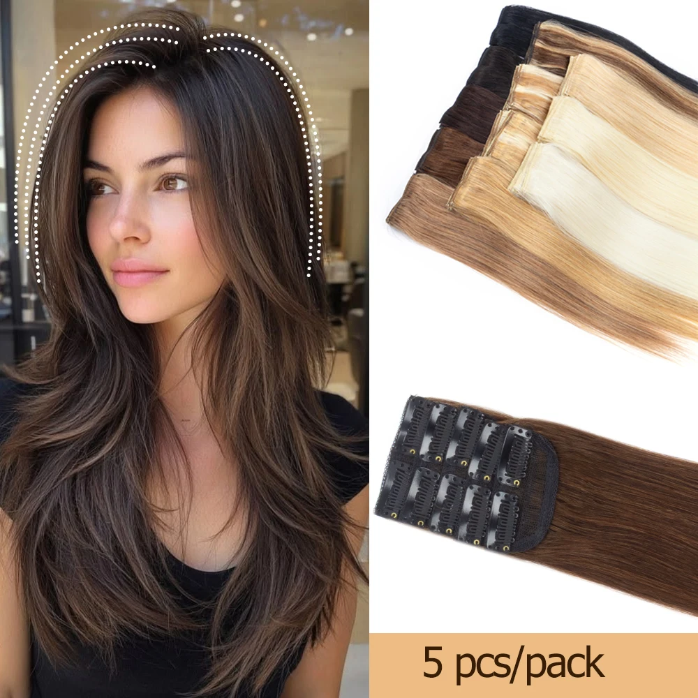 2 Clips Mini Clip In Hair Extensions Remy Human Hair Extension for Short Thin Hair Add Volume 12-18inch 30-40g 5Pcs Clip on Hair