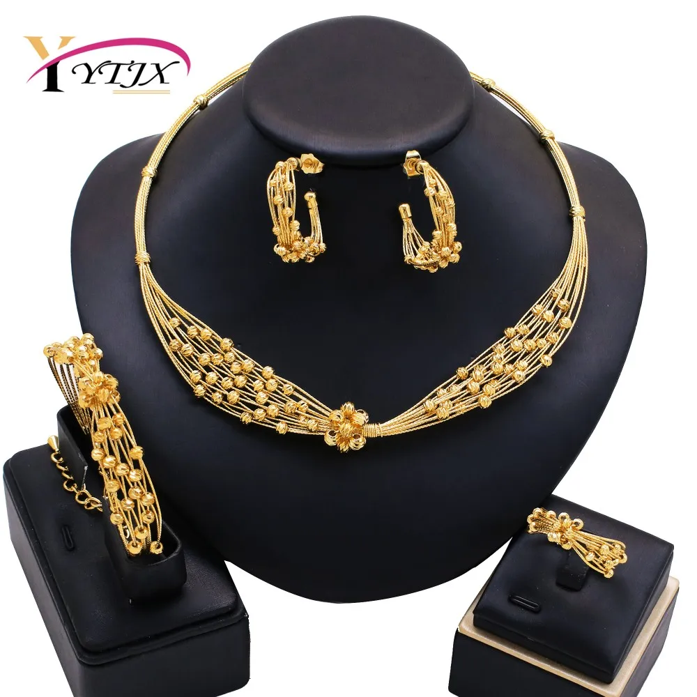 

YTJX Elegant Unique Women Jewelry Set Dubai 18K Gold Plate Beads Necklace Bracelet Earring Ring For Bridal Wedding Gift 2025 New