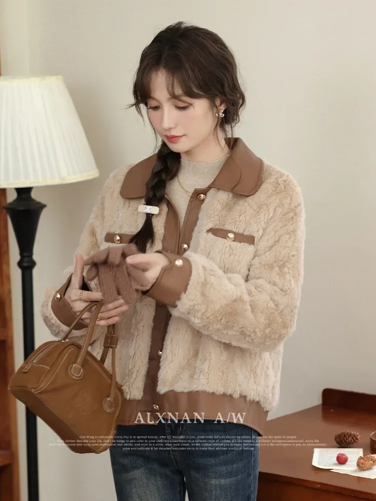 

ALXNAN Lamb Wool Warm Coat For Women Autumn Winter 2024 New Loose Maillard Retro Fashion Chic Female Spliced Jackets L330113