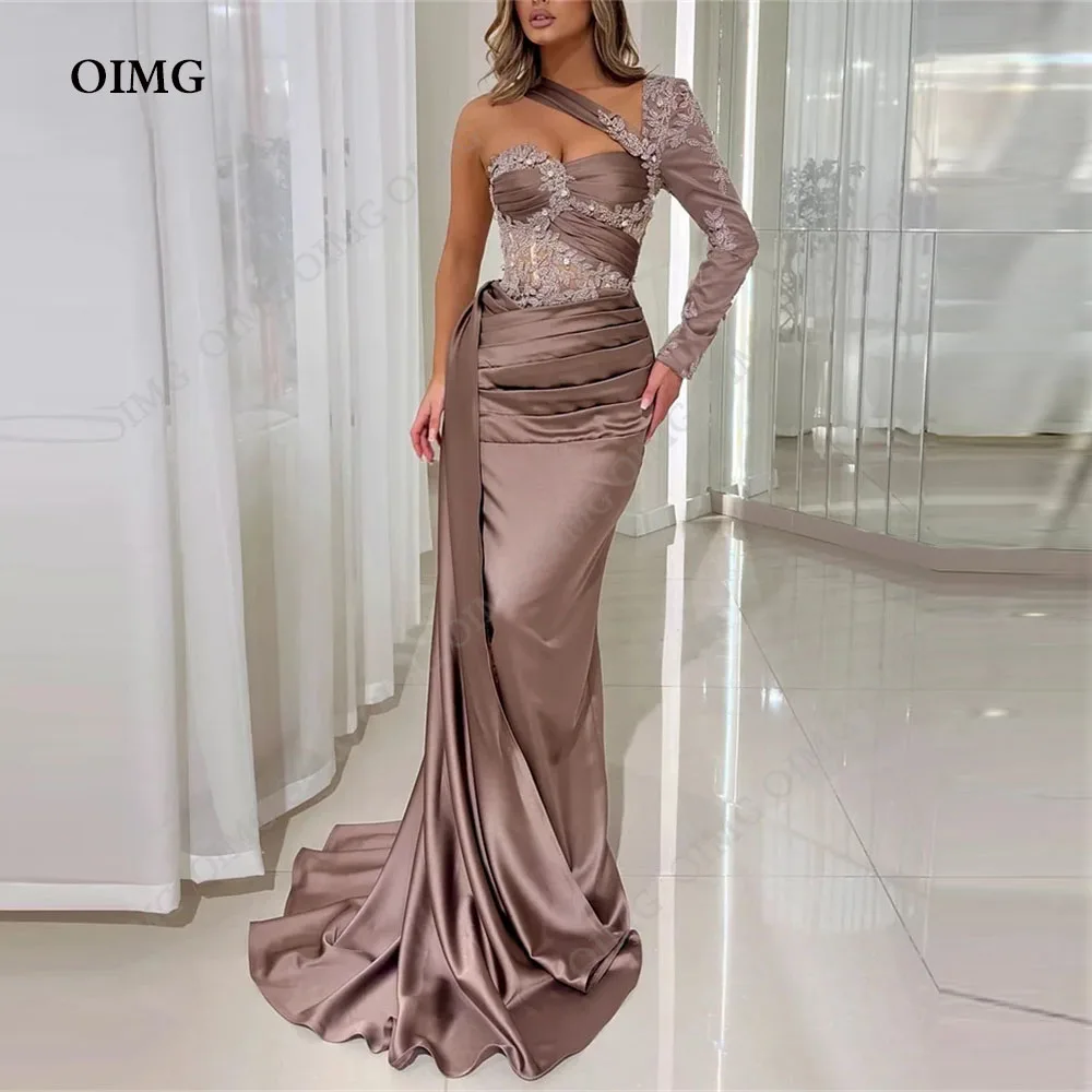 

OIMG Champagne Prom Dress Mermaid One Shoulder Lace Floor-Length Satin Long Elegant Dresses Evening Gowns For Women فساتين الس