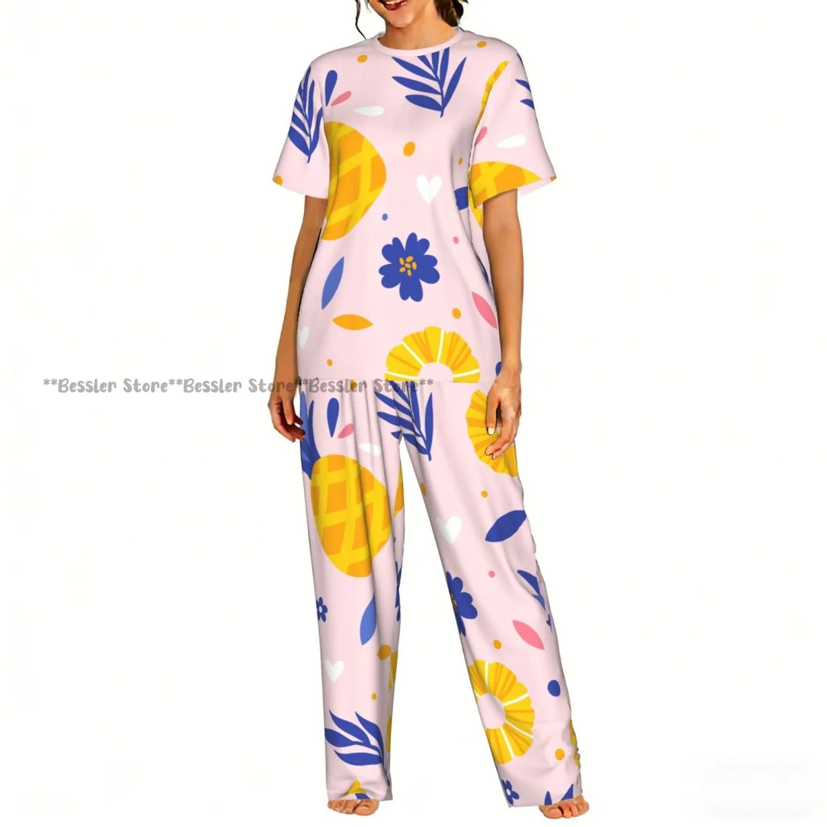 

Женский летний комплект пижамы с короткими рукавами и брюками, с принтом ананасов, цветов и листьев, повседневный стиль.