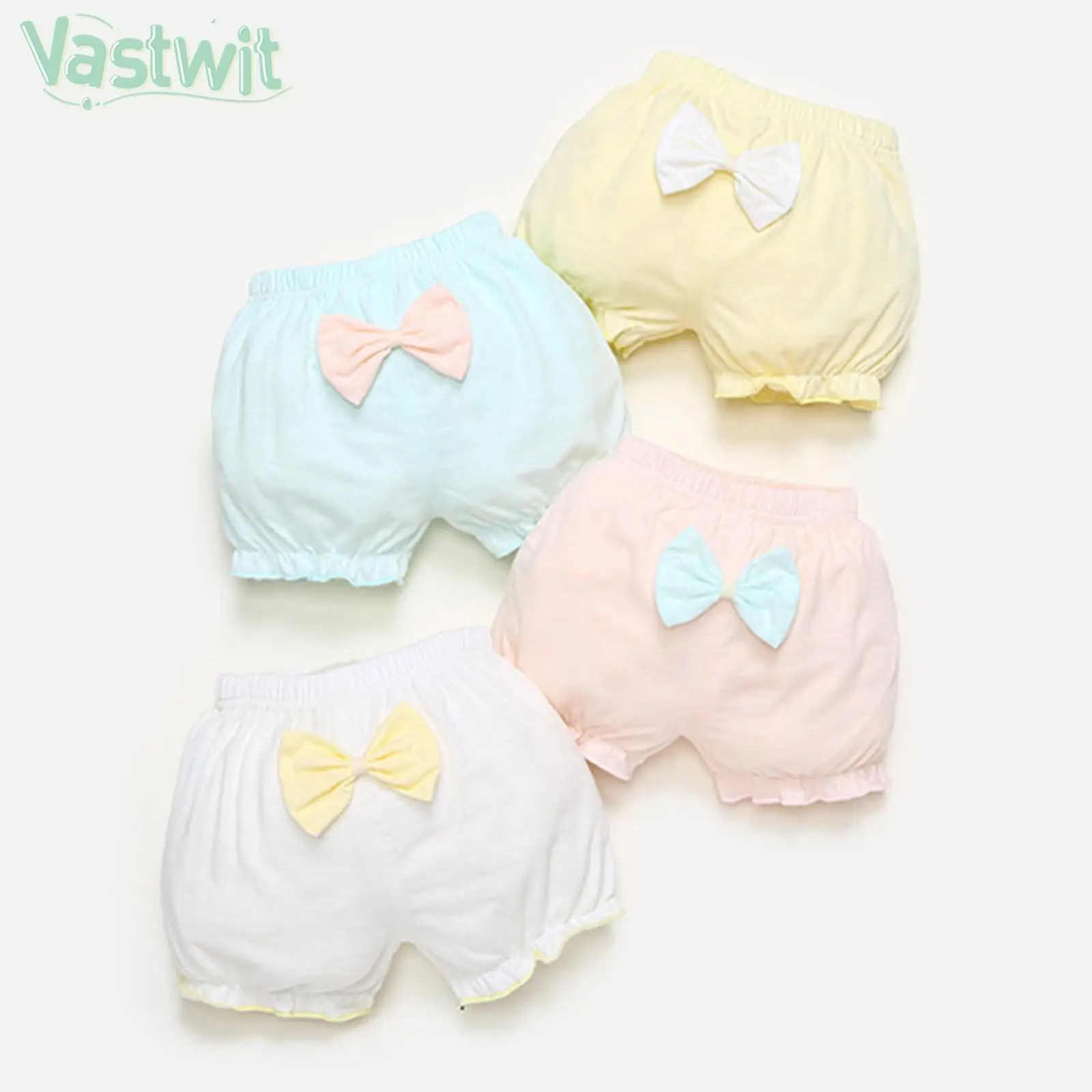 

4 Pcs Set Baby Girls Diapers Cover Summer Daily Wear Clothing Elastic Waistband Ruffle Edge Bowknot Decor Pure Color Briefs