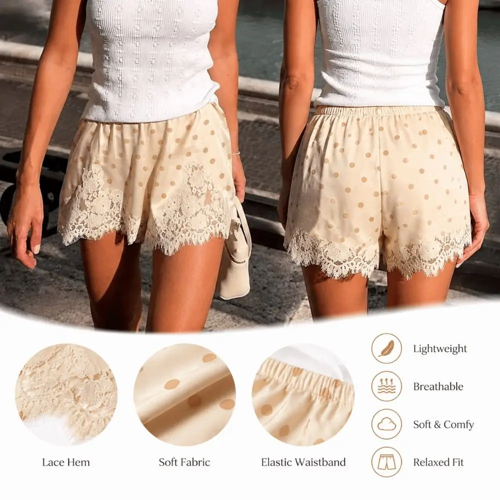Vintage Satin Silk Lace Patchwork Shorts Polka Dot Print Lace Sleep Shorts Soft Y2k Women Shorts Streetwear