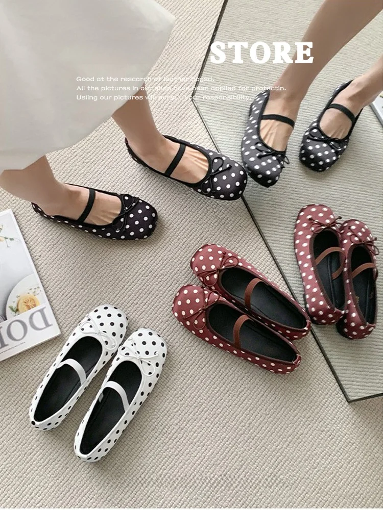 

Polka Dot Bow Mary Janes Women's Spring 2026 New Retro Evening Ballet Low Cut Single Shoes round Toe Flat Heel Rubber Sole
