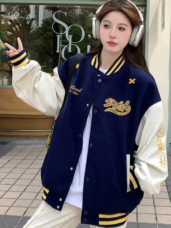 

Новая вышитая свободная куртка-бомбер унисекс в стиле колледж, весна-осень, модная верхняя одежда для пар, с элементами кэжуал-стиля