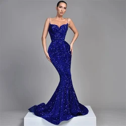 Customized Blue Glitter Mermaid Evening Dresses Bodycon Sequins Spaghetti Straps Celebrity Prom Dress Backless Shiny Party Gowns