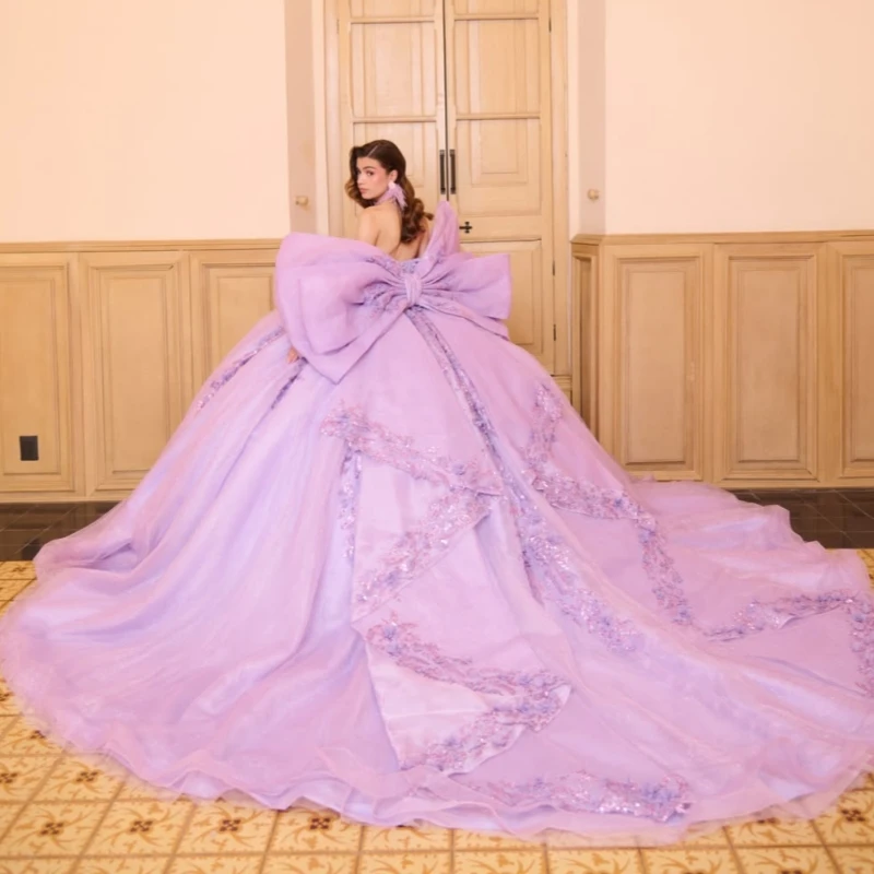 Lavender Glitter Quinceanera Dresses Off Shoulder Ball Gown Sweet 16 Dress Sequin Applique Beads Bow Tull Party Birthday Vestido