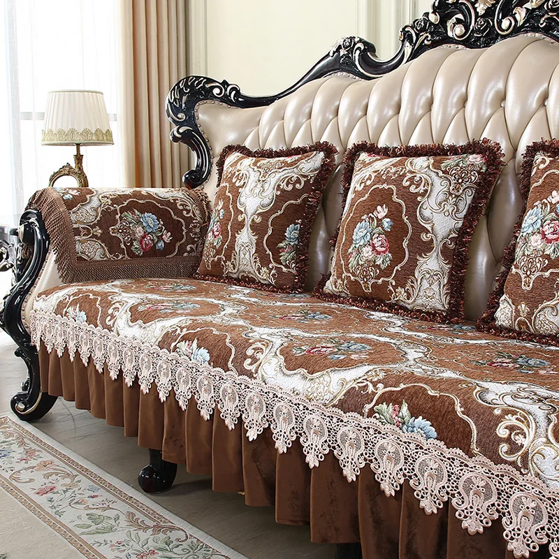 Vintage Chenille Sofa Cover, 1 2 3 Seater, Jacquard Couch Slipcovers, Europe Leather Armchair Cover, Furniture Protector, 4 Seat